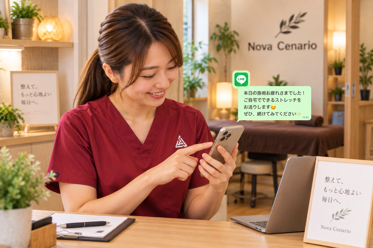 施術後にLINEでアフターケアを送っている様子